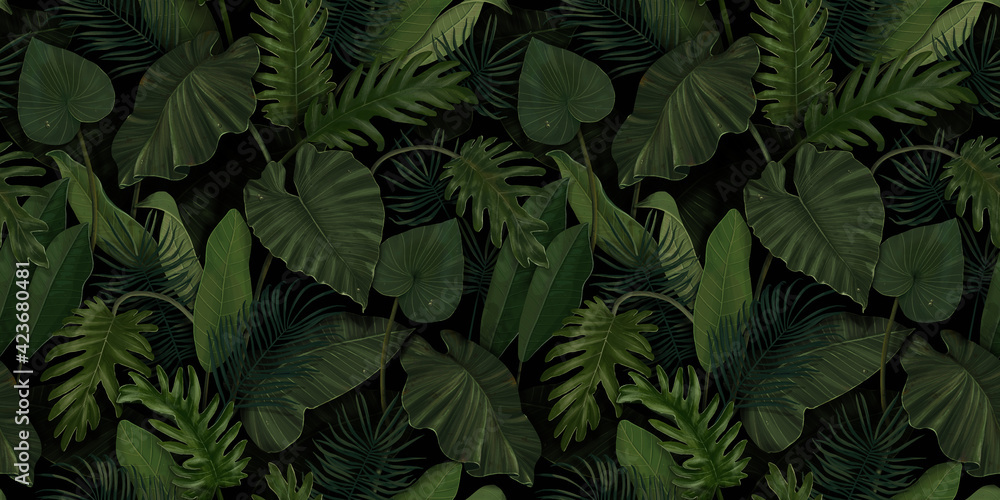 Seamless pattern with tropical green palm, colocasia, banana leaves. Hand drawing botanical vintage background. Suitable for making wallpaper, printing on fabric, wrapping paper, fabric