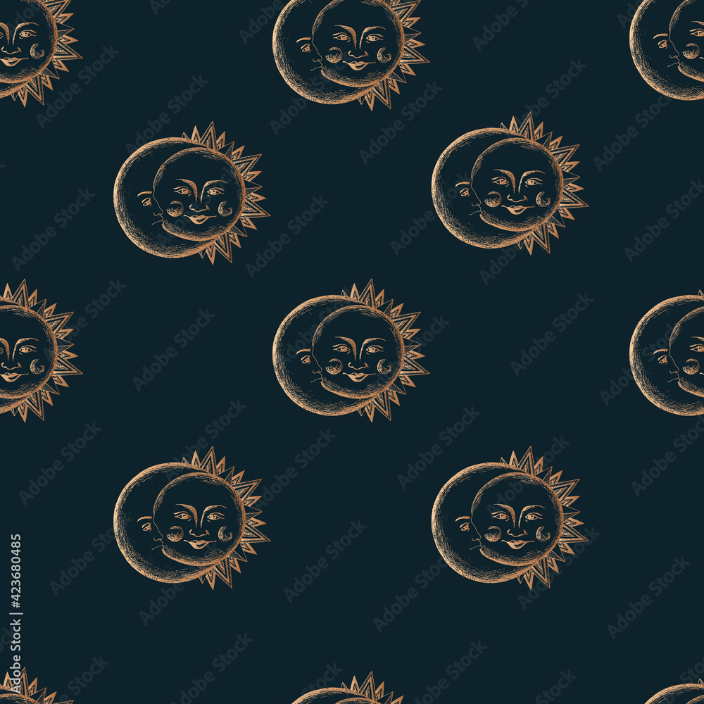 Night background with moon and sun. Backdrop in medieval engraving style Night background with moon and sun. Backdrop in medieval engraving style