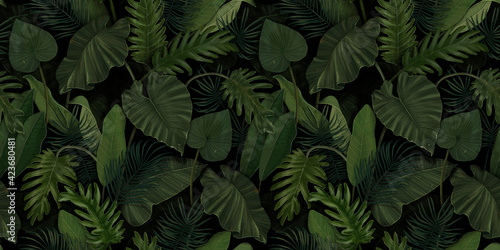 Leinwand Poster Seamless pattern with tropical green palm, colocasia, banana leaves