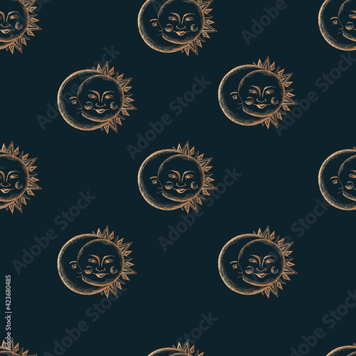 Night background with moon and sun. Backdrop in medieval engraving style