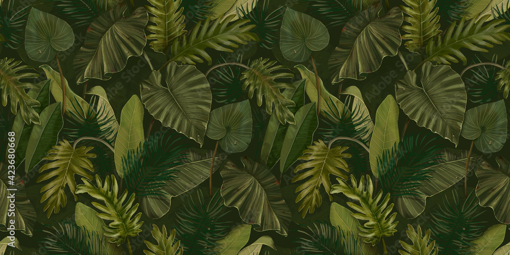 Tropical background. Vegetable seamless pattern. Rainforest, jungle. Palm leaves, monstera, colocasia, banana. Hand drawing for design of fabric, paper, wallpaper, notebook covers