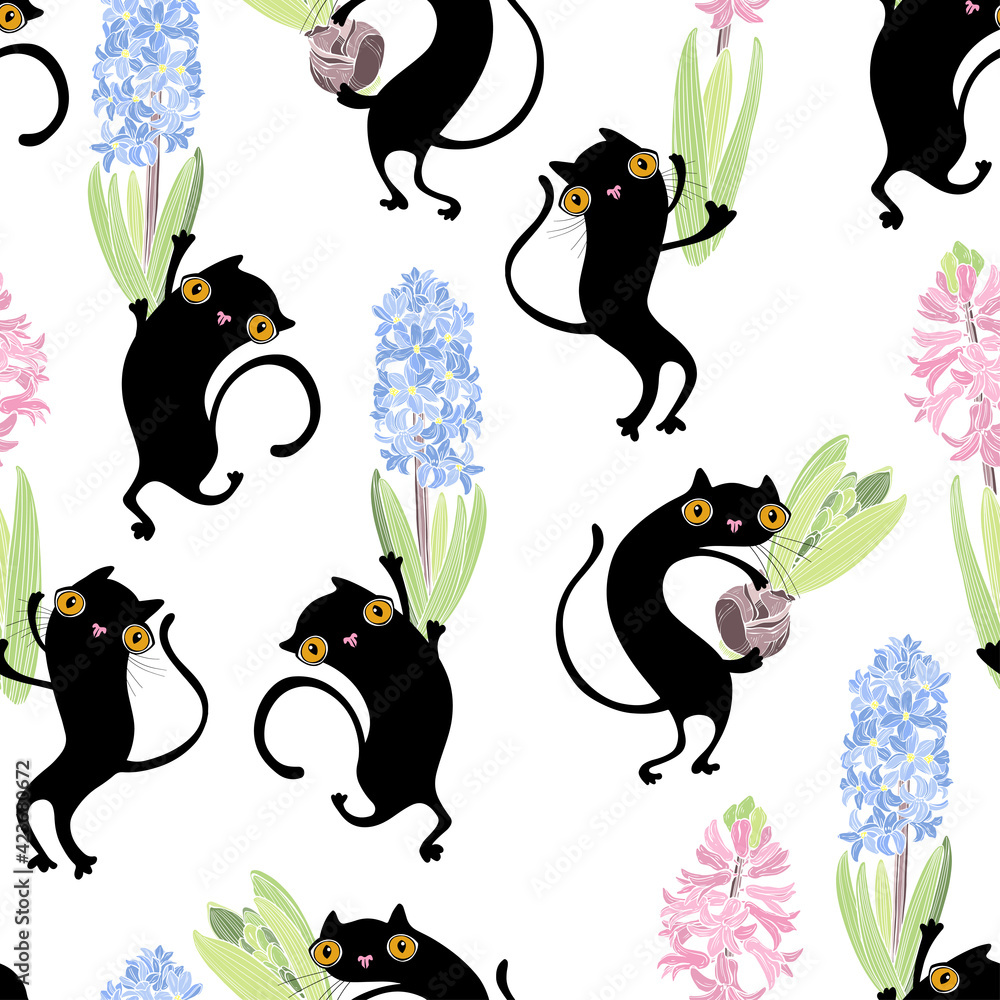 Naklejka premium Adorable cats with hyacinths. Seamless pattern on white. Vector. Perfect for design templates, wallpaper, wrapping, fabric and textile.