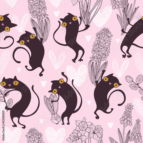 Adorable cats with spring flowers. Seamless pattern on pink. Vector. Perfect for design templates, wallpaper, wrapping, fabric and textile.