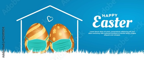 Happy Easter banner. Modern banner with egg using mask illustration. Usable for Horizontal poster, greeting card, and website.