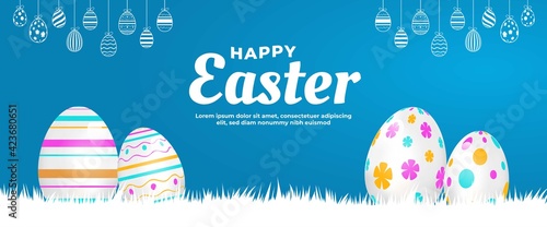 Happy Easter banner design. Blue background color with the illustration of a colorful egg. Usable for Horizontal Banner, Poster, greeting card, and website.