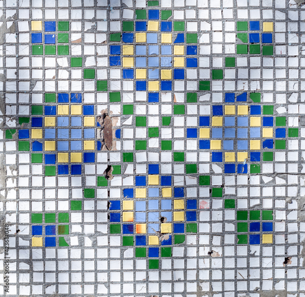 Fototapeta premium Old white mosaic wall with hole and rust, background from old mosaic.