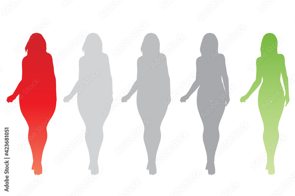 Vector conceptual fat overweight obese female vs slim fit healthy body after weight loss or diet with muscles thin young woman isolated. Fitness, nutrition or fatness obesity, health silhouette shape