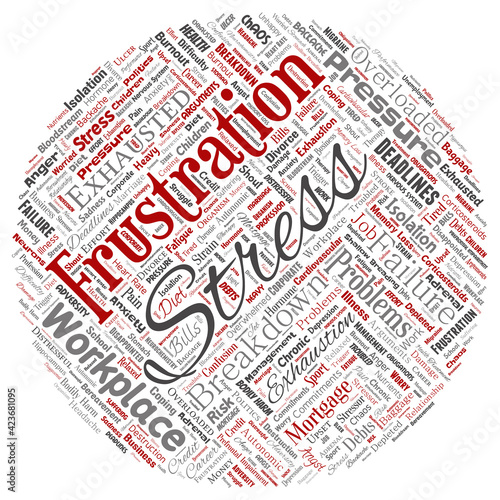 Vector conceptual mental stress at workplace or job pressure human round circle red word cloud isolated background. Collage of health, work, depression problem, exhaustion, breakdown, deadlines risk