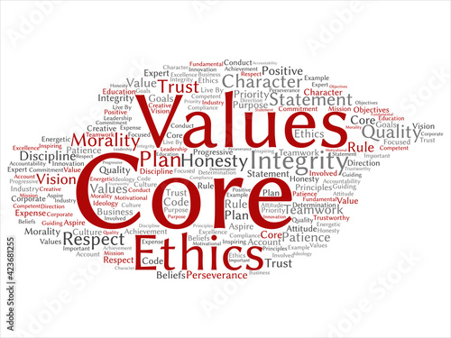 Vector conceptual core values integrity ethics abstract concept word cloud isolated background. Collage of honesty quality trust, statement, character, important perseverance, respect trustworthy text