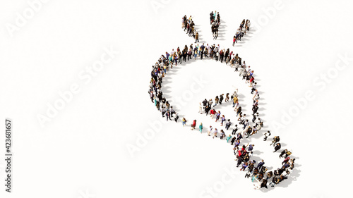 Concept or conceptual large community of people forming the image of a shining lightbulb on white background. A 3d illustration metaphor for creation  inspiration  brainstorming  genius and invention