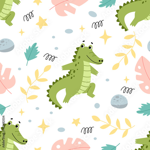 Seamless vector pattern with cute crocodile and leaves