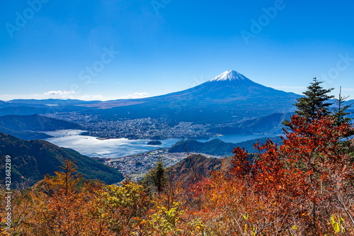 新道峠から眺める富士山と河口湖 山梨県富士河口湖町にて