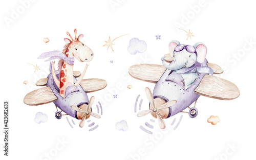 Watercolor purple illustration of a cute animal safary giraffe and fancy sky scene complete with airplanes and balloons, clouds. Baby Boy and girl pattern. baby shower