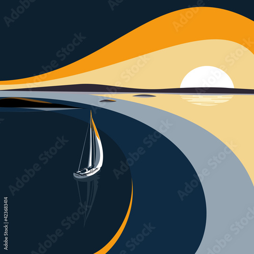 A yacht sailing towards the sunrise. Vector illustration