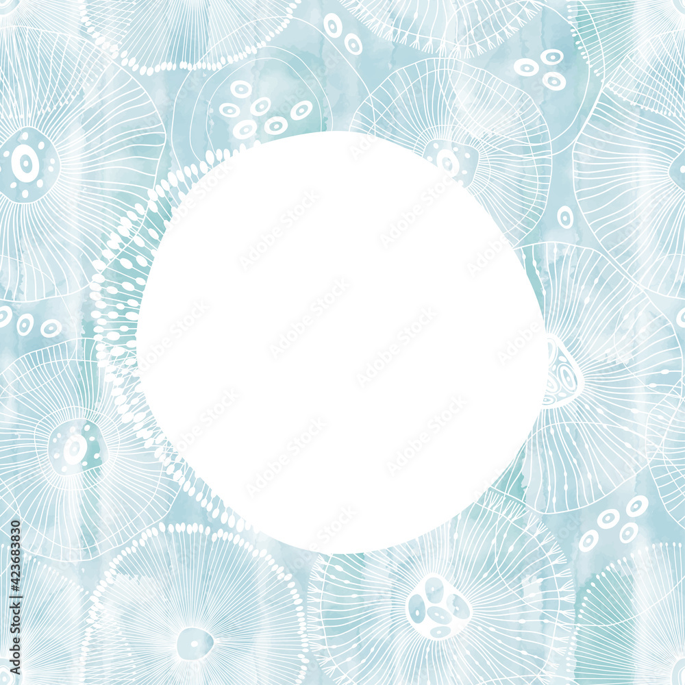Abstract invitation card template on the marine theme. Naive design with abstract shapes and with a round place for text on watercolor background. Vector. Layout decorative design background. Abstract invitation card template on the marine theme. Naive design with abstract shapes and with a round place for text on watercolor background. Vector. Layout decorative design background.