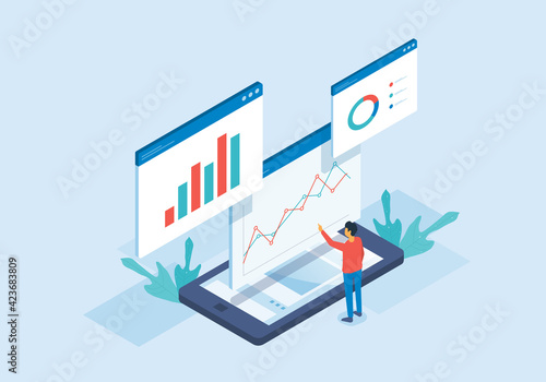 Isometric flat vector web analysis and people working for data analytics and monitoring on web report dashboard monitor and business finance investment concept
