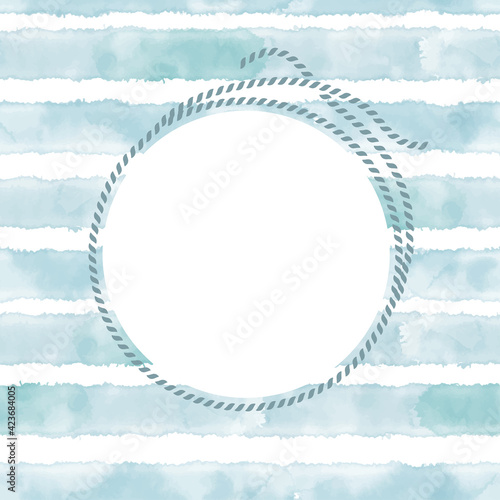Invitation card template on the marine theme. Design with blue watercolor stripes, marine rope and a round place for text. Vector frame. Can be greeting cards, invitations, flyers, element for design.