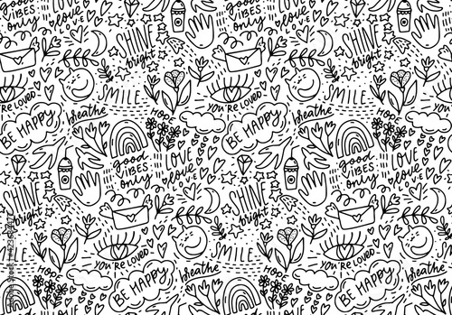 Positive words doodle pattern, lots of hand drawn elements and sayings. Smile, be happy, shine - handwriting text background. Coloring page, cafe wall art texture. Vector line seamless illustration