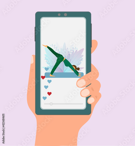 A hand holding phone, yoga on line conception, yoga classes app, flat vector illustration