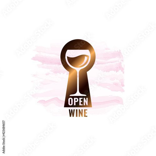 Wine glass watercolor logo. Open wine key hole