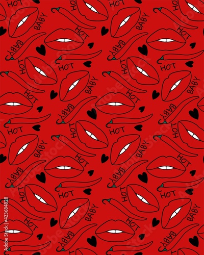 Seamless pattern or background with the image of red lips and chili peppers, black heart, the inscription hot baby. White teeth. Vector EPS10