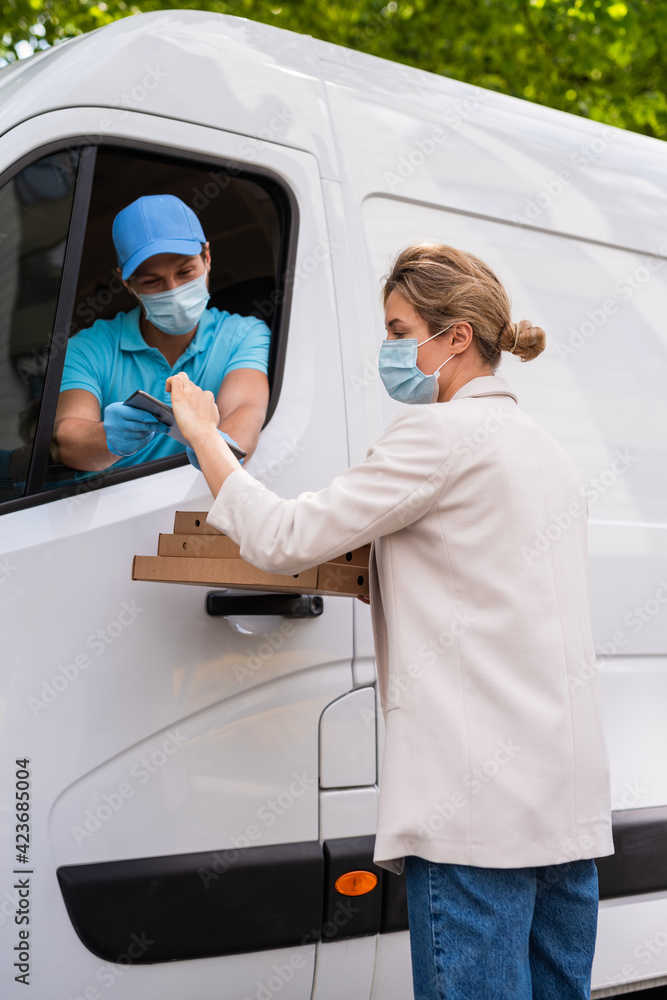 Safe delivery - courier on a van brings a pizza to the client Safe delivery - courier on a van brings a pizza to the client