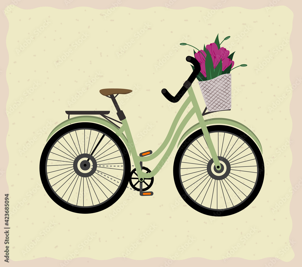 Fototapeta premium A bicycle with flowers in the basket, vintage style bicycle on the the background, flat vector illustration