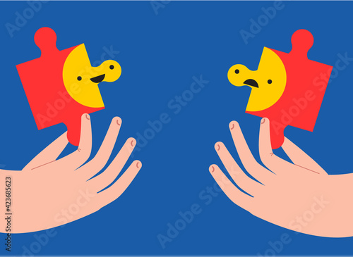 Two hand hold puzzle pieces with happy and sad emoticon. Mental health concept. Abstract vector illustration for people mood and states of mind