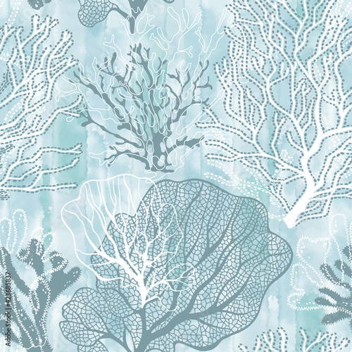 Seaweed. Seamless vector pattern with underwater plants on blue watercolor background. Abstract floral texture. Perfect for design templates, wallpaper, wrapping, fabric and textile.