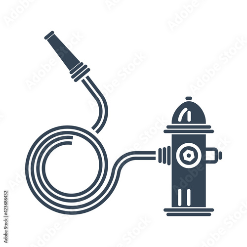 Vector black icon fire hydrant with water hose and nozzle