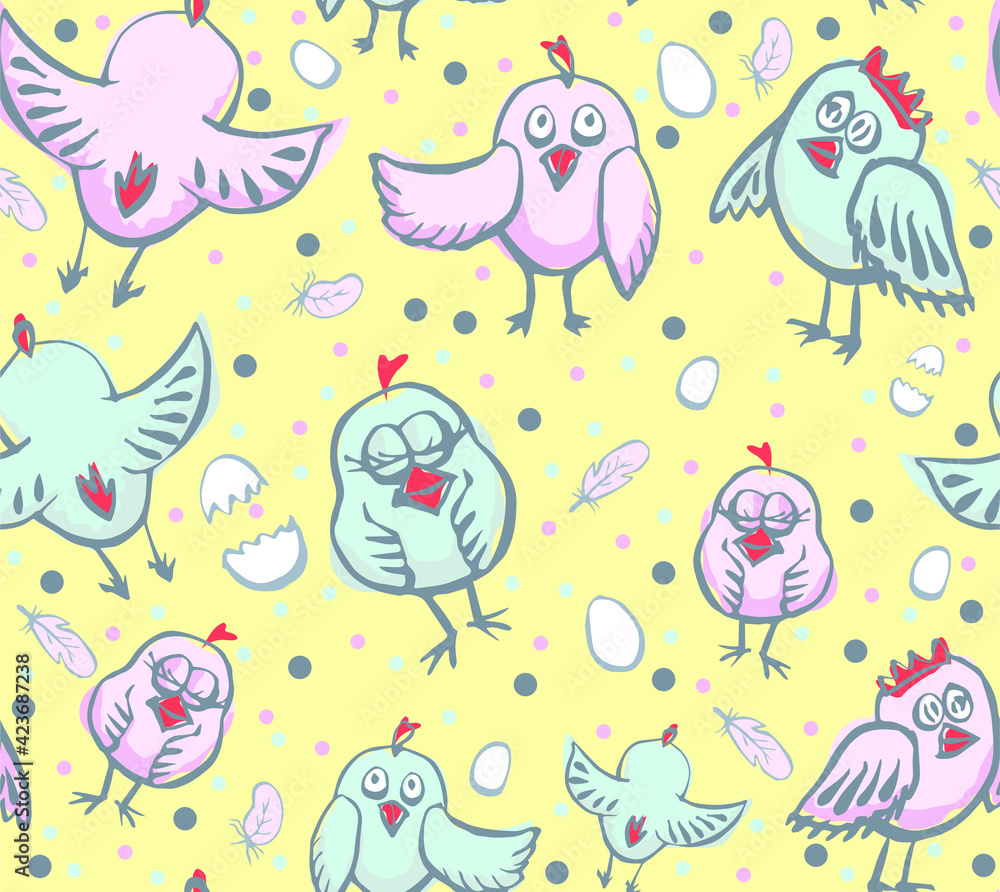 Little chicks hatched from eggs. Newborn birds in a vector seamless pattern in gentle and cute colors. Hand drawn print for toddler boys and girls Little chicks hatched from eggs. Newborn birds in a vector seamless pattern in gentle and cute colors. Hand drawn print for toddler boys and girls