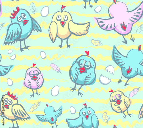 Little chicks hatched from eggs. Newborn birds in a vector seamless pattern in gentle and cute colors. Hand drawn print for toddler boys and girls