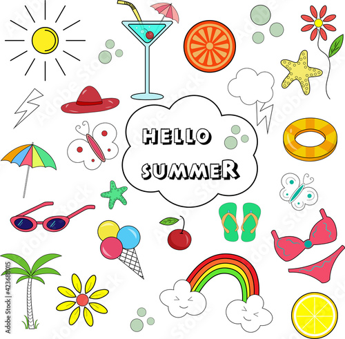 Vector illustration of colorful funny doodle summer symbols, such as ice cream, palm tree, sunglasses, sun, cocktail, hat, butterflies, orange, lightning, starfish, umbrella, cherry, swimsuit, lemon, 