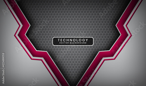Abstract 3D silver and red techno background overlap layers on dark space with metallic hexagon decoration. Modern graphic design template elements for flyer, card, cover, brochure, or landing page