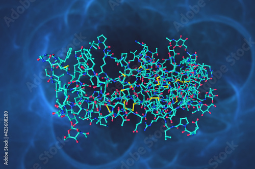 Molecular model of human chorionic gonadotropin, a hormone produced primarily by the cells that surround the growing human embryo. Scientific background. 3d illustration