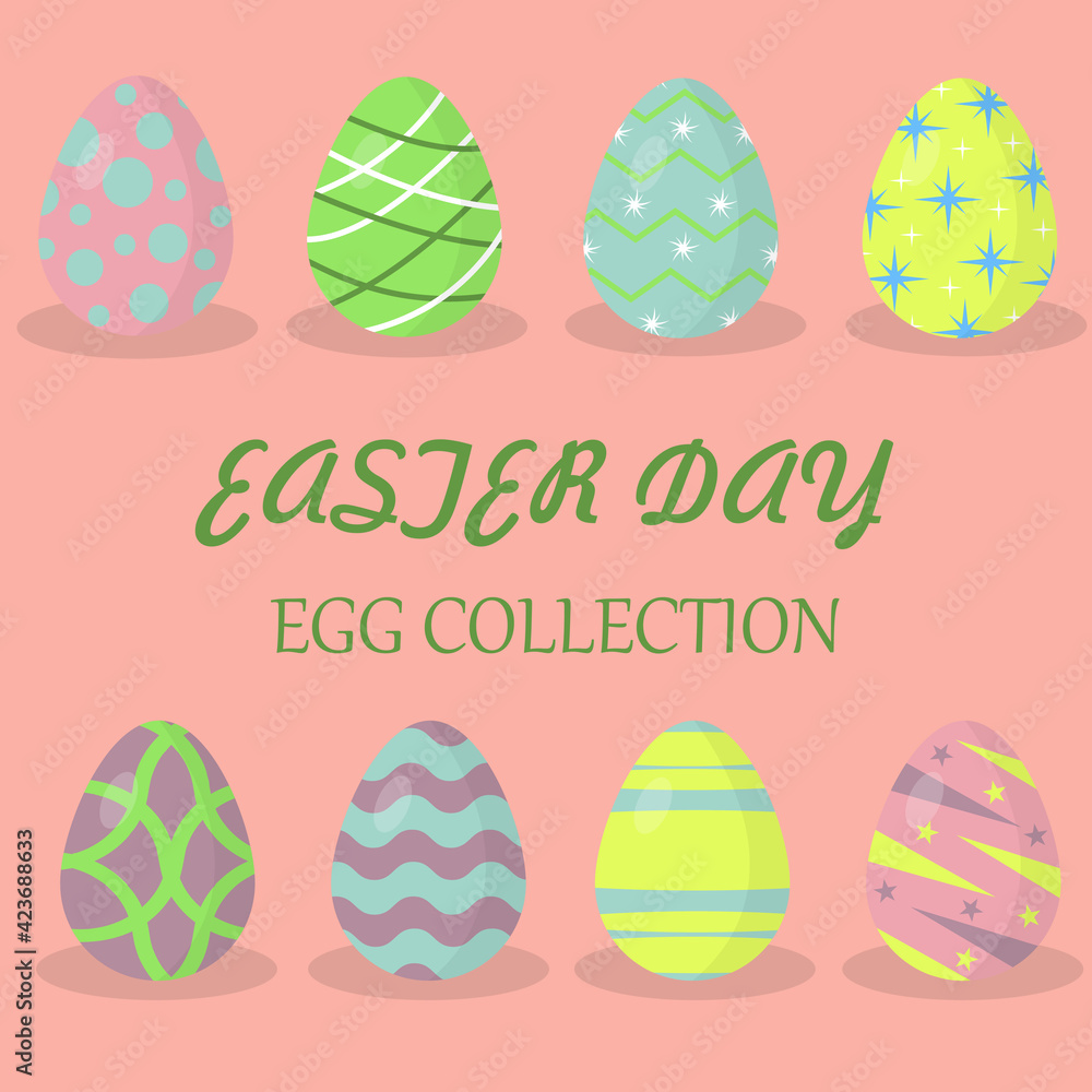 Happy Easter. A set of Easter eggs with a different pattern on a pink background. Beautiful lettering Easter day, collection of eggs. Spring holiday. Cartoon flat style vector illustration. Pastel Eas