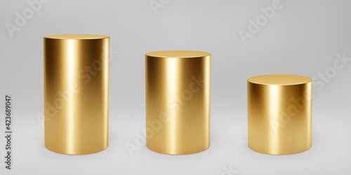 Gold 3d cylinder set front view and levels with perspective isolated on grey background. Cylinder pillar, golden pipe, museum stages, pedestals or product podium. 3d basic geometric shapes vector