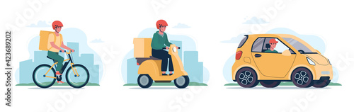 Online delivery service concept, online order tracking, home and office delivery. Bicycle courier, moped and delivery vehicle electric car. Set of vector illustrations in flat style.