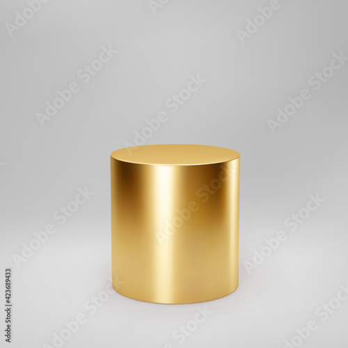 Gold 3d cylinder front view with perspective isolated on grey background. Cylinder pillar, golden pipe, museum stage, pedestal or product podium. 3d basic geometric shape vector
