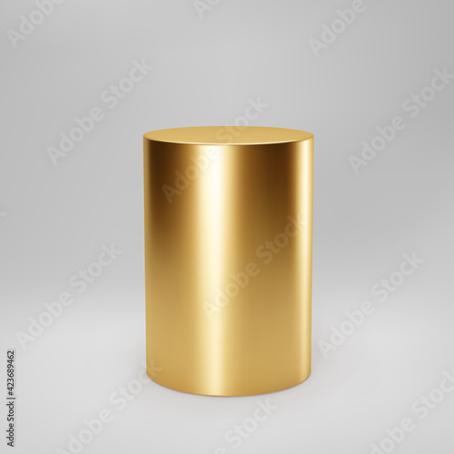 Gold 3d cylinder front view with perspective isolated on grey background. Cylinder pillar, golden pipe, museum stage, pedestal or product podium. 3d basic geometric shape vector
