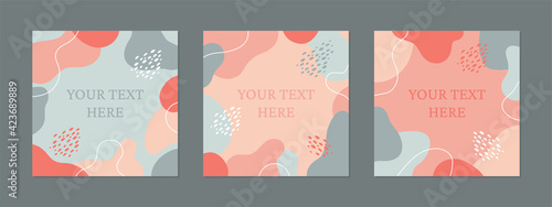Vector set of square editable banners in pink and gray colors with abstract shapes. Suitable for social media posts. Template for internet advertising.