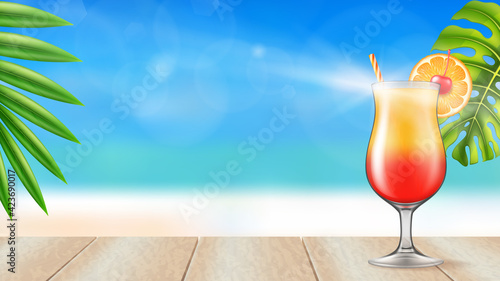 Tequila Sunrise cocktail on a wooden table on a beach background. Vector illustration.