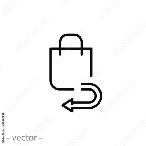return purchase icon, exchange policy, product retail, inverse delivery in shop, replace bag package, store back away, refund thin line symbol on white background - editable stroke vector illustration