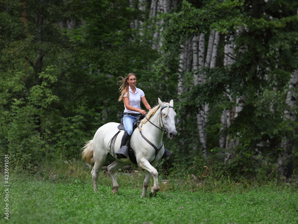 Beautiful equestrian cowgirl riding a horse on the summer forest