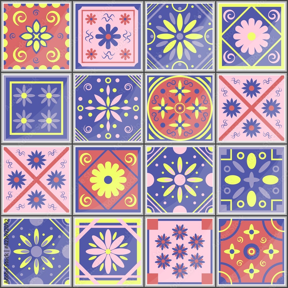 Mediterranean seamless pattern, Portuguese vector Azulejo tile. Fashion interior design. Vector colorful cute illustration. Mediterranean seamless pattern, Portuguese vector Azulejo tile. Fashion interior design. Vector colorful cute illustration.