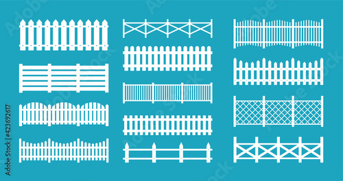 Wooden and metal fences. Vector set of silhouettes fences and pickets for garden, park, backyard, rural landscape. Seamless wood boards isolated on white background. Different types of fences