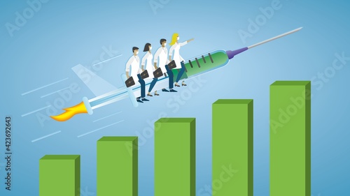 Health care people flying on vaccine rocket syringe. More and more people are vaccinated. The image could also represent growth in pharmacy business. Diversity people. Vector illustration. EPS10.