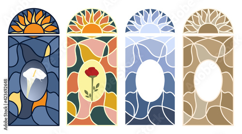 Stained glass window. Set of multi-colored mosaic pattern. Isolated vector illustration on white background