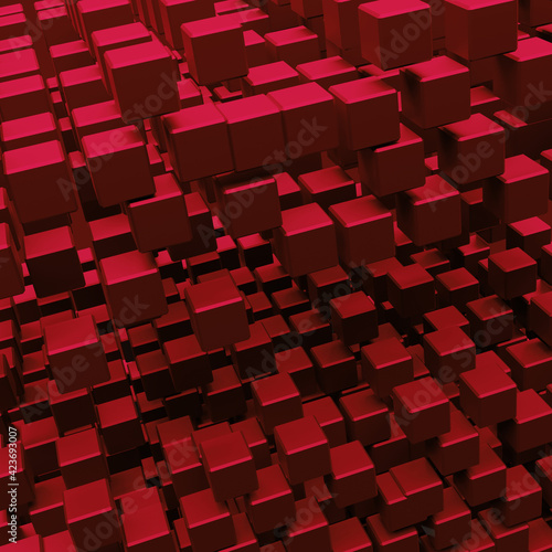 red abstract 3d cube background, 3d illustration of abstract background with thousand cube in 3d perspective view