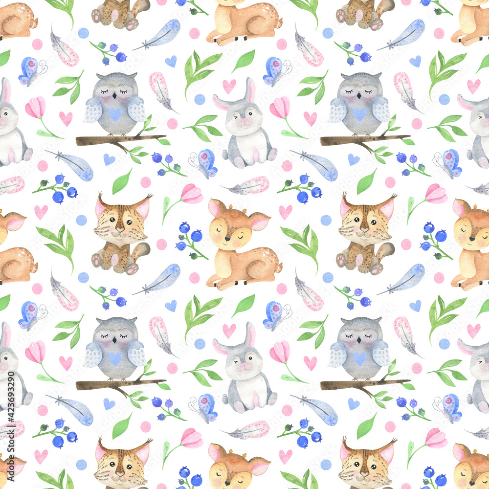 Obraz premium Seamless Pattern watercolor forest animals. Woodland baby print, cute cartoon, wild life background. For digital paper, fabric, scrapbooking. Owl, rabbit, Butterfly, deer, lynx, blueberry
